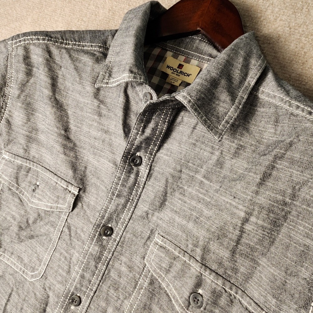 Woolrich Button Down Shirt Mens Large Grey Short Sleeve Plaid Trim Workwear